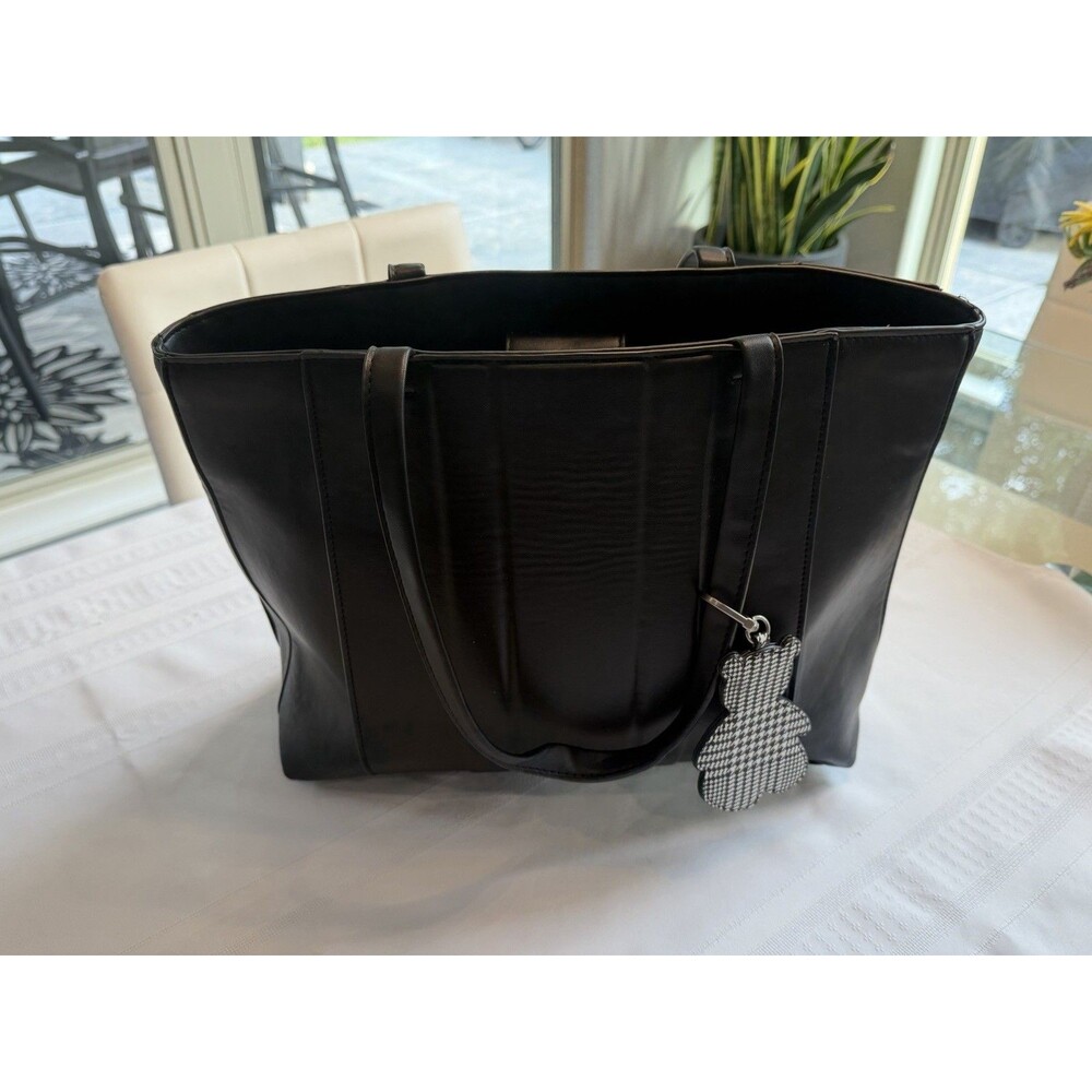 Steve Madden Black Structured Leather Tote Bag with Houndstooth Bear Charm